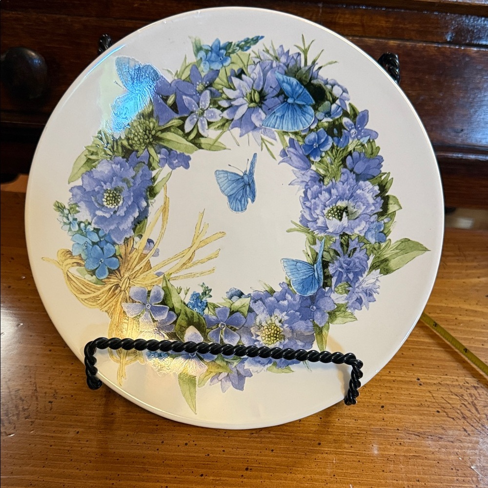 Floral Wreath Decorative Plate with Blue Butterflies-Vintage 1995 Hallmark